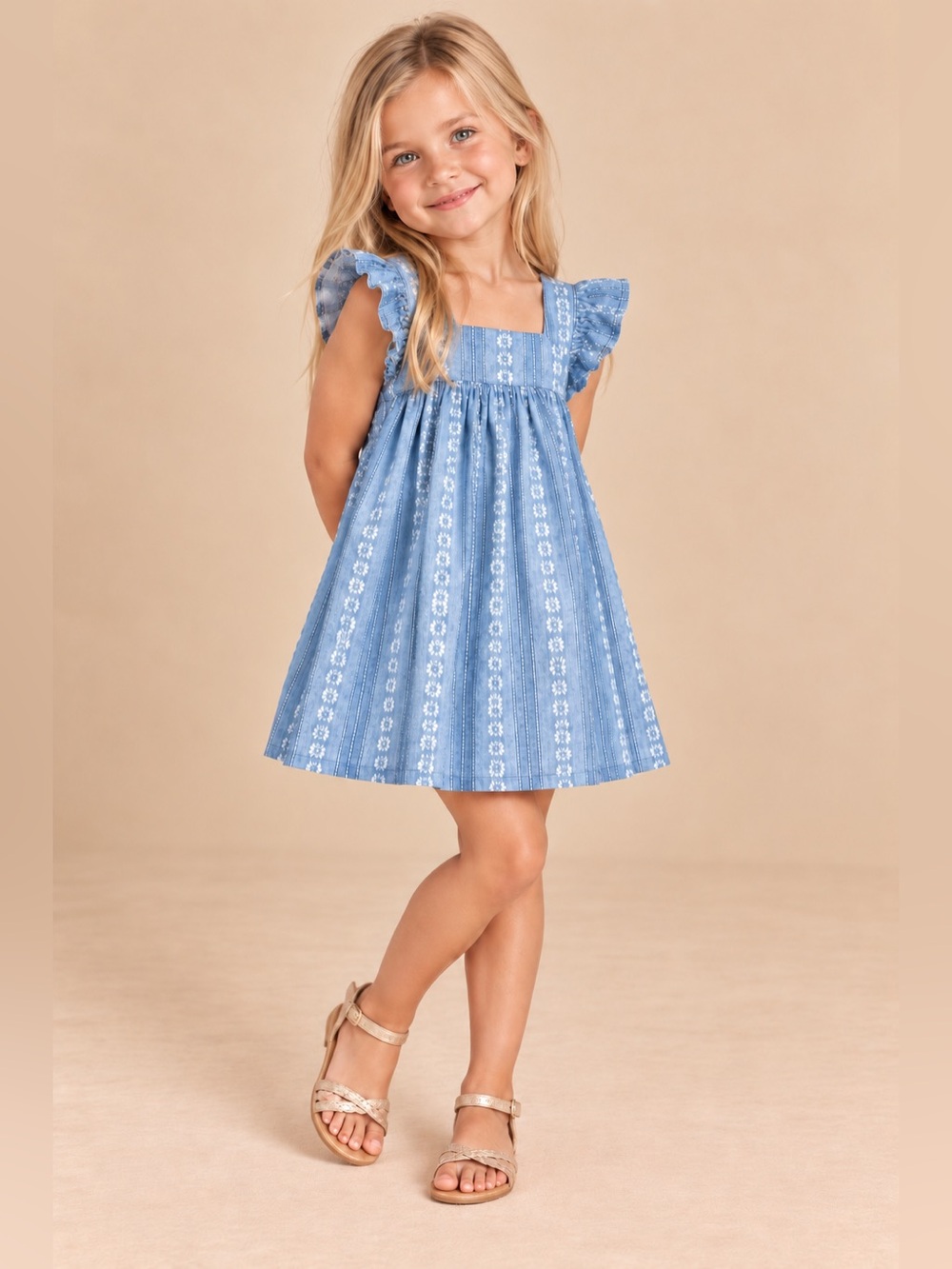 Peyton & Parker Girls Cotton Chambray Floral Embroidered Flutter Sleeve Dress 5T
